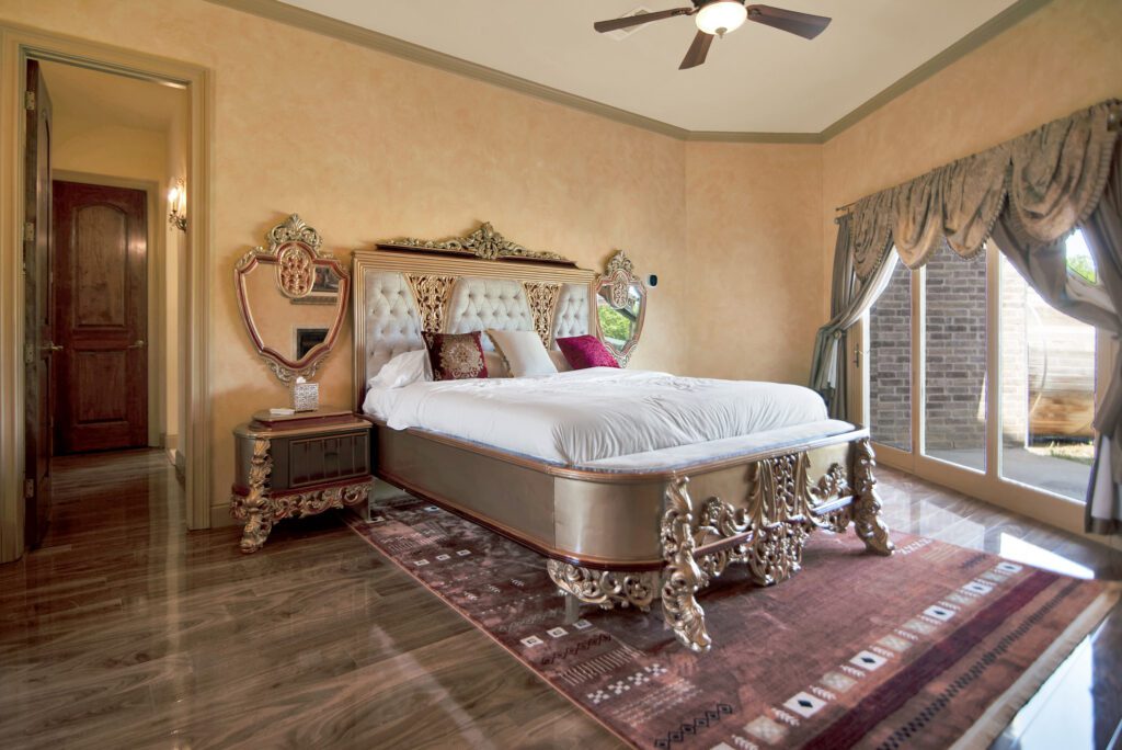 Castle Waterford bridal suite with vintage makeup vanity, soft velvet chairs, and elegant decor