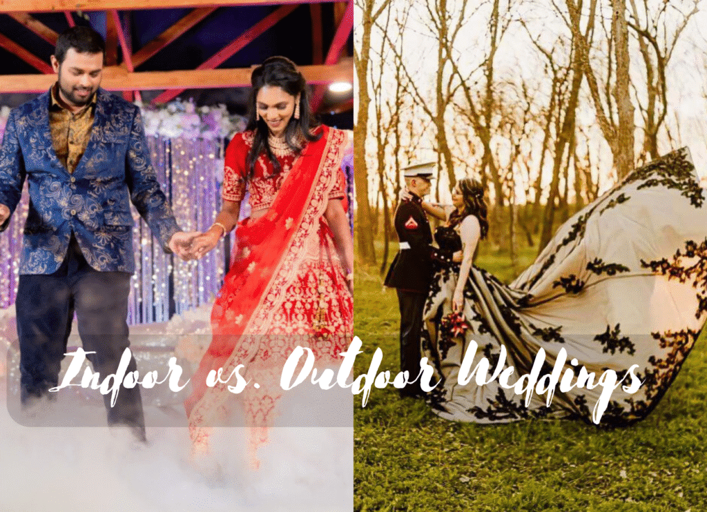 Indoor vs outdoor wedding, wedding venue tips, outdoor wedding pros and cons, indoor wedding benefits, planning a wedding, castle wedding venue Texas, best wedding venue type, outdoor wedding checklist, elegant wedding venue, wedding location comparison.