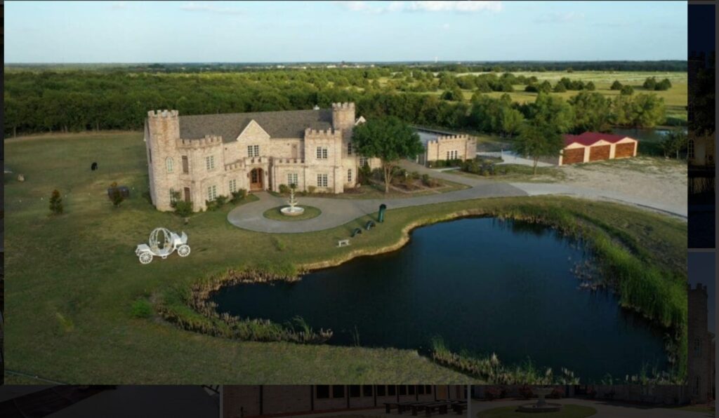 Aerial view of Castle Waterford with heart shaped pond in Royse City, Texas