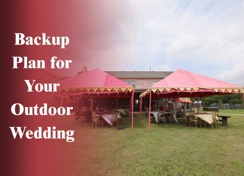 Backup plan setup for outdoor wedding at Castle Waterford with decorative pink tents and guest seating