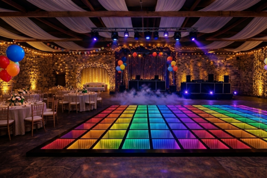 3D LED dance floor wedding dance floor 3D LED dance floor for weddings luxury wedding dance floor ideas modern wedding reception lighting ideas LED dance floor for wedding reception Instagram-worthy wedding dance floor wedding reception lighting glowing dance floor