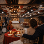 Couple enjoying candlelight dinner with live music performance at Castle Waterford wedding reception