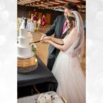 Bride and groom cutting wedding cake during reception at Castle Waterford
