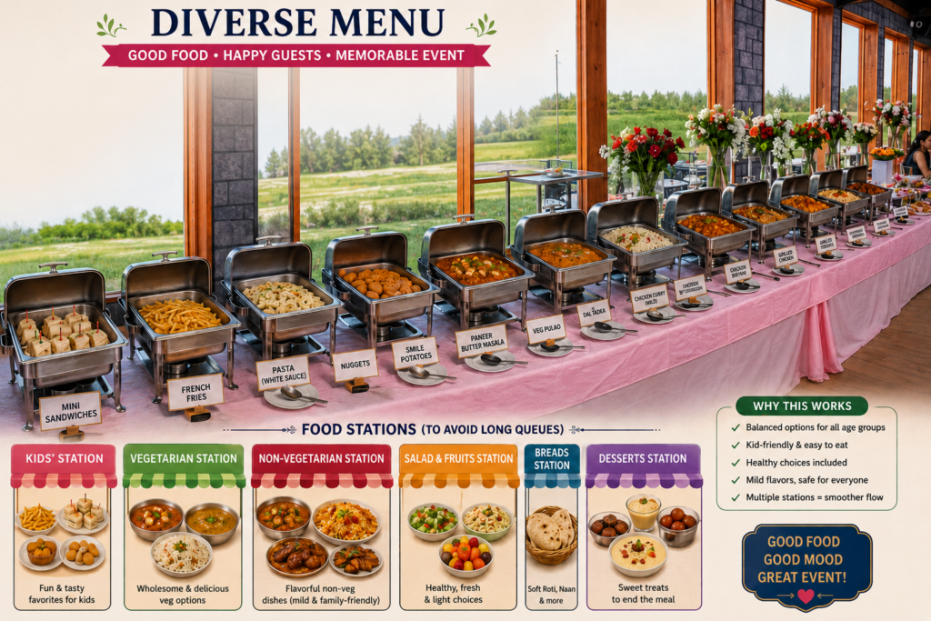 “Diverse Menu” wedding catering infographic featuring a long buffet table with multiple food stations, including vegetarian, non-vegetarian, salad, dessert, kids’ meals, and bread stations inside an elegant banquet venue with scenic outdoor views.