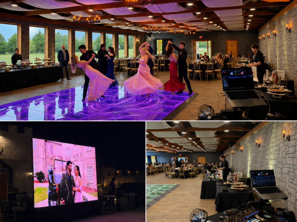 Wedding reception collage featuring couples dancing on a glowing LED dance floor, a DJ setup inside a rustic banquet hall, and a large outdoor LED screen displaying wedding visuals during an evening celebration.