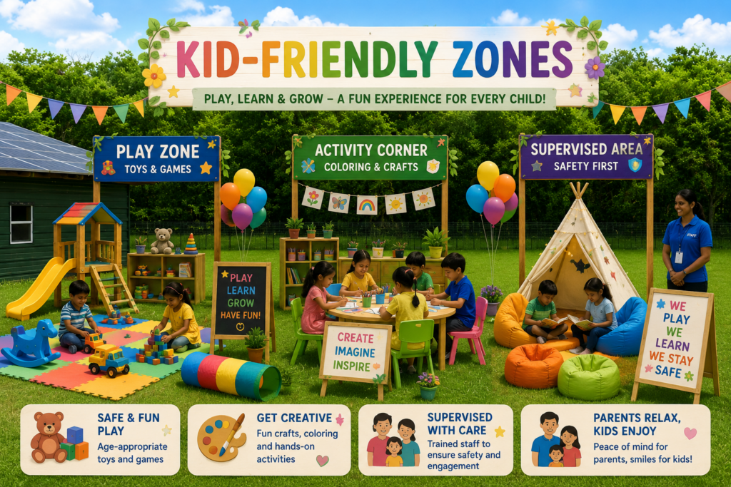 Colorful “Kid-Friendly Zones” event infographic featuring children playing in outdoor activity areas with toys, crafts, bean bags, balloons, and supervised play spaces. The design includes sections for a play zone, activity corner, and safety-supervised area in a fun family-friendly setting.