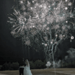 Bride watching fireworks at night during wedding celebration at Castle Waterford