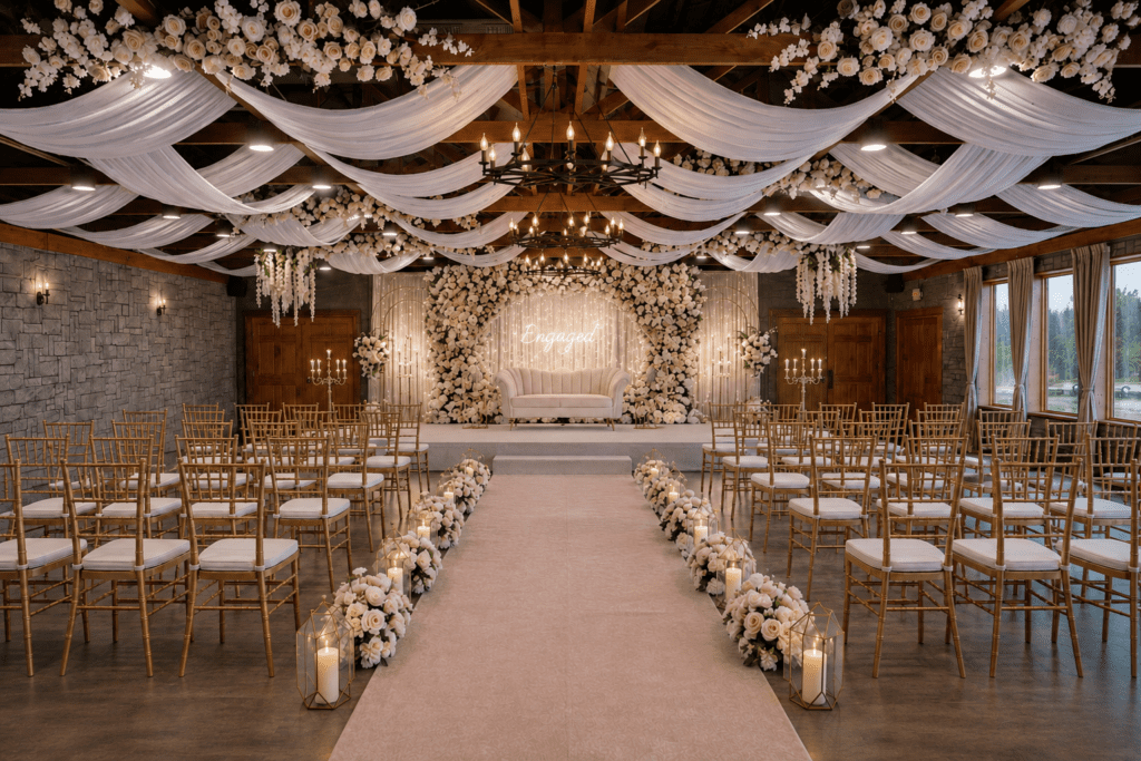 Elegant indoor wedding ceremony setup with a floral-lined aisle, draped ceiling décor, and grand chandelier.