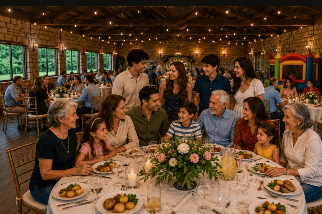 Multi-generational family gathered around a dining table during a warm indoor celebration at a rustic banquet venue. Guests of all ages are smiling, talking, and enjoying dinner beneath string lights with elegant floral centerpieces and family-friendly event décor.