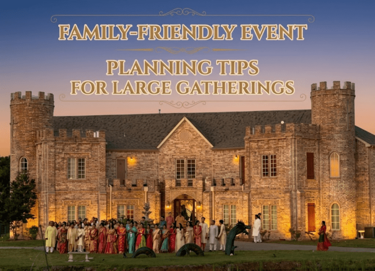 Family-friendly event planning infographic featuring a grand castle-style venue illuminated at sunset with guests gathered outdoors during a large celebration. Elegant gold typography highlights tips for organizing welcoming and enjoyable events for families and large gatherings.
