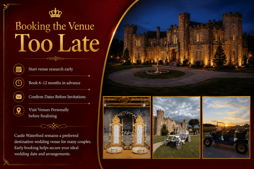 Wedding planning infographic about the importance of booking a wedding venue early. The design features a grand castle-style venue illuminated at night, elegant wedding décor, vintage transportation, and planning tips encouraging early venue research, advance booking, and personal venue visits.