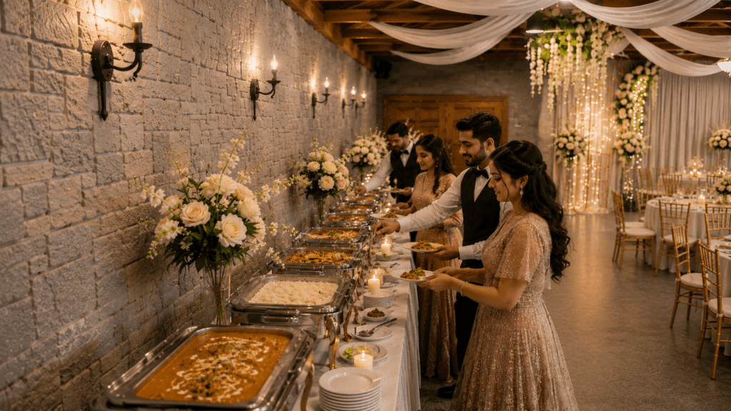 Wedding guests enjoying a buffet dinner service in an elegant reception hall with floral décor and warm lighting.