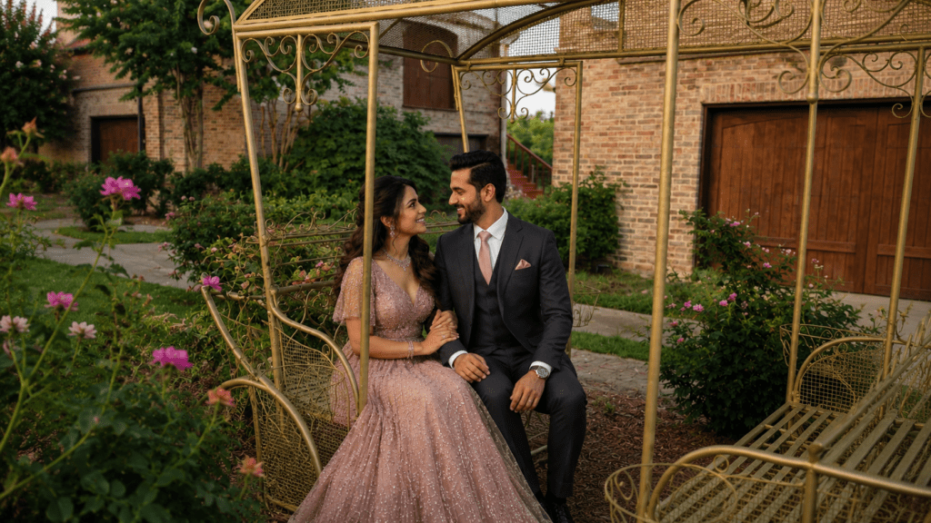 Bride and groom sitting together in a decorative garden gazebo at an elegant castle wedding venue.