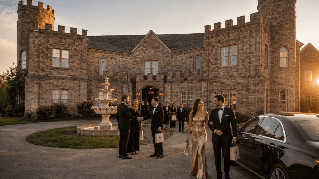 Wedding guests socializing outside a castle-style venue during an elegant evening celebration.
