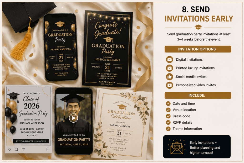 Graduation party invitation design featuring elegant black and gold stationery, graduation cap graphics, and event planning details.