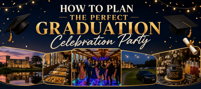 Graduation celebration party promotional graphic featuring guests dancing, event lighting, and outdoor venue spaces.
