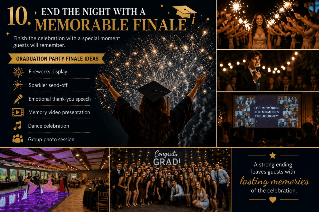 Graduation celebration collage featuring graduates, fireworks, stage moments, group photos, and festive evening party activities.