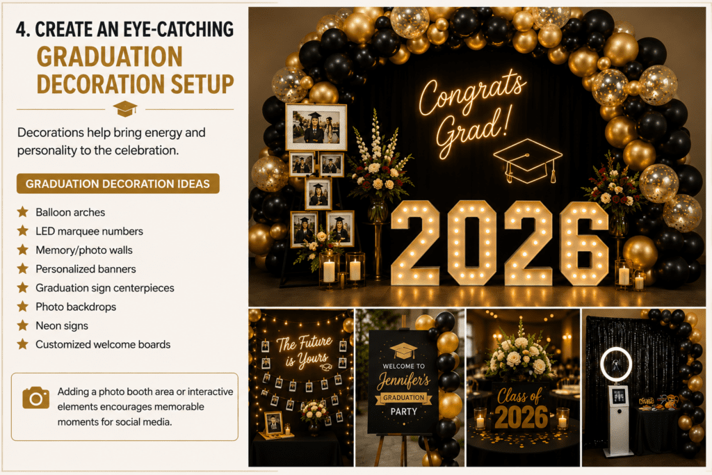 Graduation party decoration display featuring a black and gold theme, illuminated “2026” numbers, photo wall, and celebration backdrop.