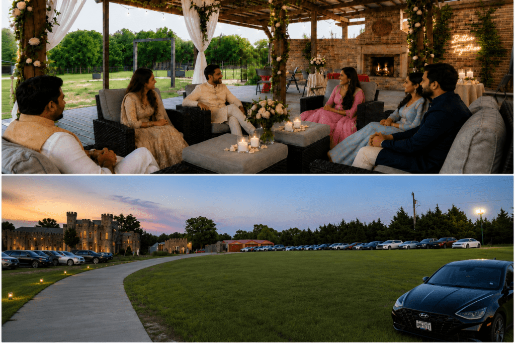 Guests relaxing in an outdoor lounge area and a spacious event lawn at an elegant castle-style venue.