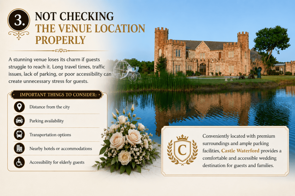 Wedding venue planning infographic about checking the venue location properly before booking. The design features a castle-style lakeside wedding venue with reflections on the water, floral décor, and informational sections covering parking, transportation, accommodations, and accessibility for guests.