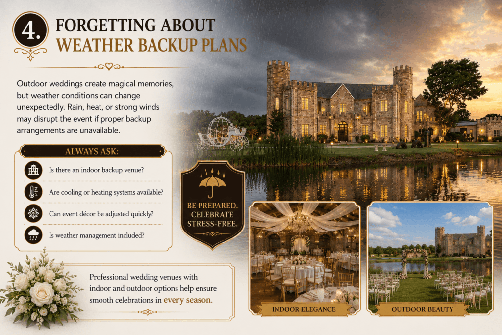 Wedding planning infographic about preparing weather backup plans for outdoor weddings. The design features a castle-style venue beside a lake under dramatic skies, along with elegant indoor banquet décor and outdoor ceremony seating arrangements. Informational sections highlight rain plans, indoor backup venues, heating and cooling systems, and weather management preparation.