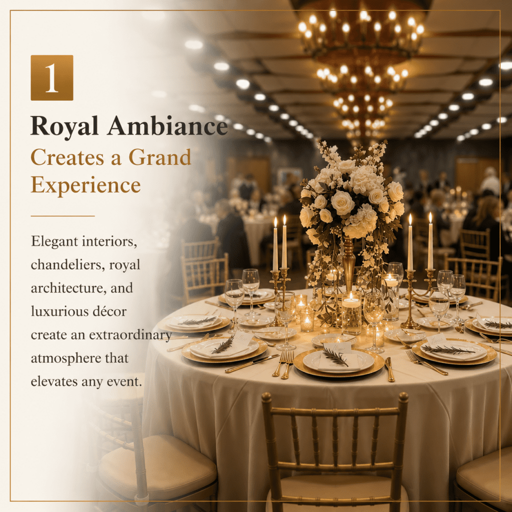 Elegant wedding reception infographic highlighting royal ambiance with luxurious banquet décor, floral centerpieces, candlelit table settings, chandeliers, and gold-accented seating inside a grand ballroom venue.