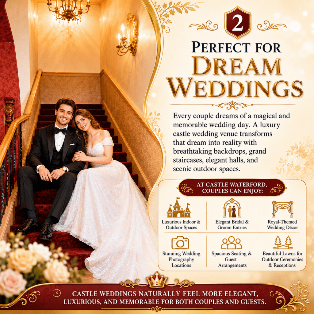 Luxury wedding venue promotional infographic featuring a smiling bride and groom seated on a grand staircase inside an elegant castle-style interior. The design highlights dream wedding experiences with royal décor, scenic outdoor spaces, grand ballrooms, photography locations, and luxurious guest arrangements.