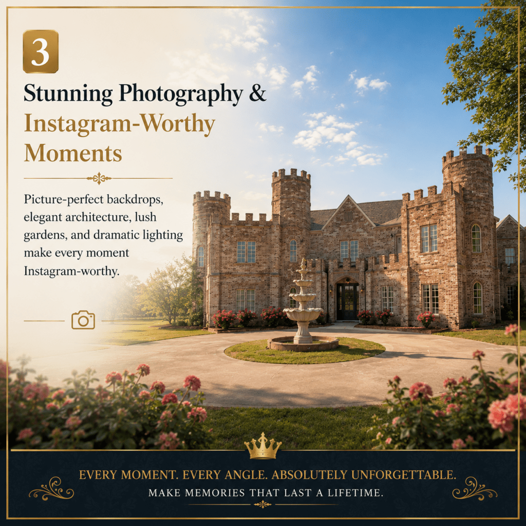 Luxury wedding venue promotional infographic featuring a grand castle-style venue surrounded by landscaped gardens, a central fountain, and warm golden sunlight. The design highlights stunning photography opportunities and Instagram-worthy wedding moments with elegant architecture and scenic outdoor backdrops.