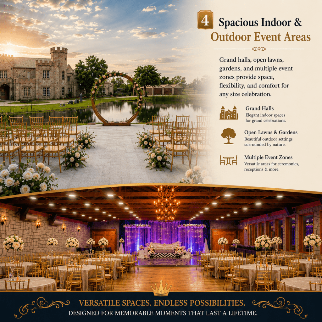 Wedding venue promotional infographic featuring elegant indoor and outdoor event spaces at a castle-style venue. The design showcases a lakeside outdoor wedding ceremony setup with floral aisle décor and gold seating, alongside a luxurious banquet hall with chandeliers, floral centerpieces, and grand reception arrangements.