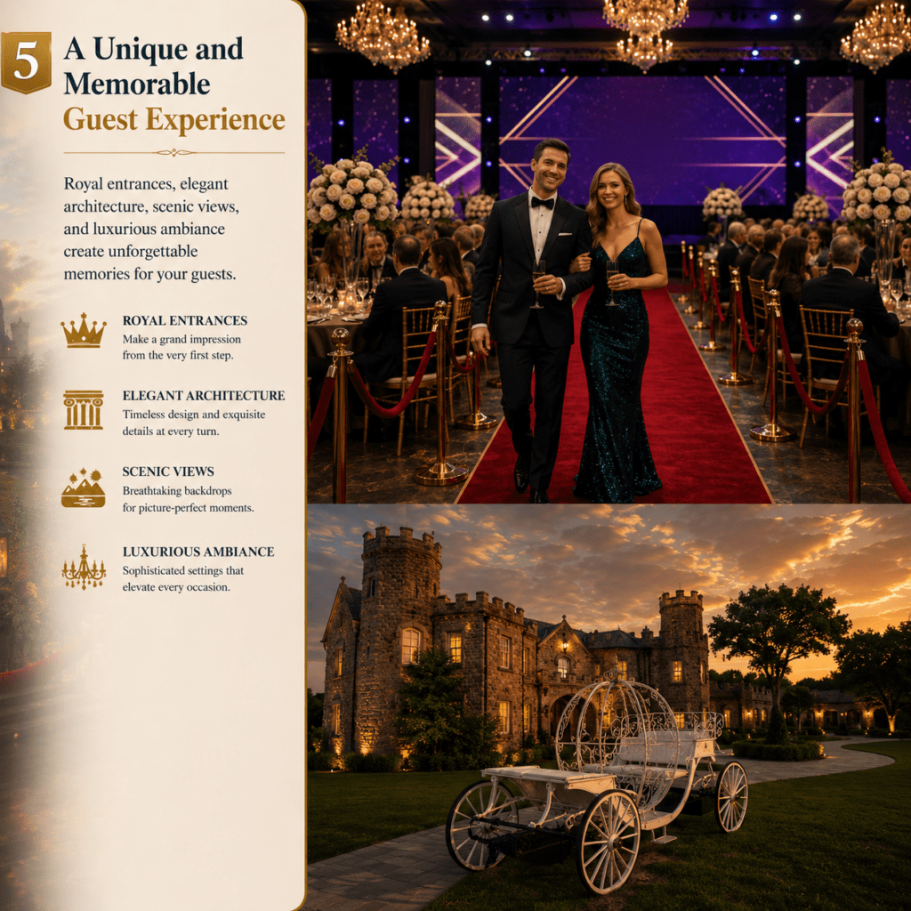 Luxury wedding venue promotional infographic featuring a glamorous couple walking on a red carpet inside an elegant ballroom with chandeliers and floral décor, alongside a castle-style venue exterior with a vintage carriage at sunset. The design highlights memorable guest experiences through royal entrances, scenic views, elegant architecture, and luxurious ambiance.