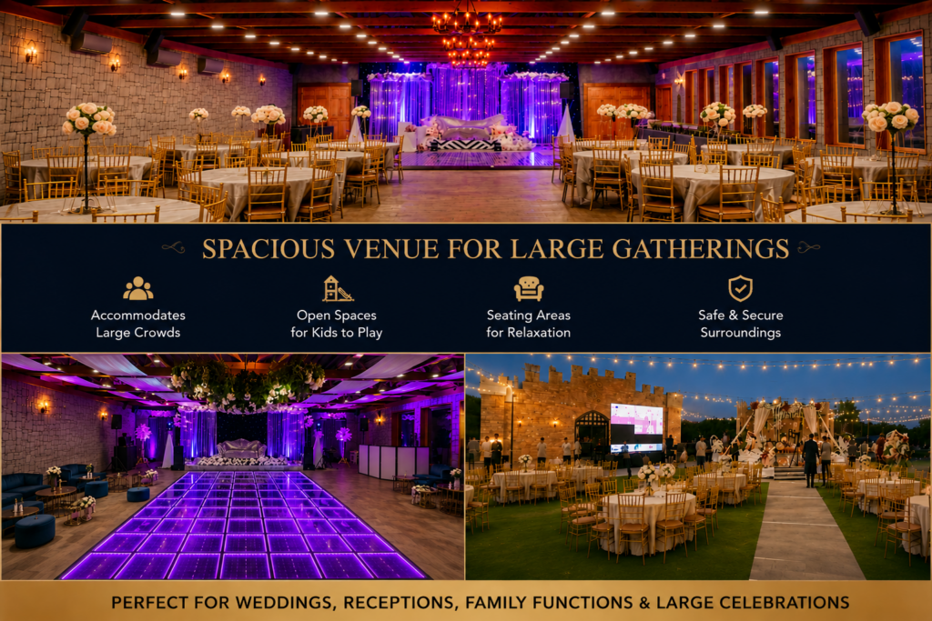Wedding venue promotional collage featuring a luxurious banquet hall with elegant table arrangements, a glowing LED dance floor, and an outdoor reception setup under string lights. The design highlights spacious accommodations for large gatherings, seating areas, kid-friendly open spaces, and secure indoor-outdoor celebration options.