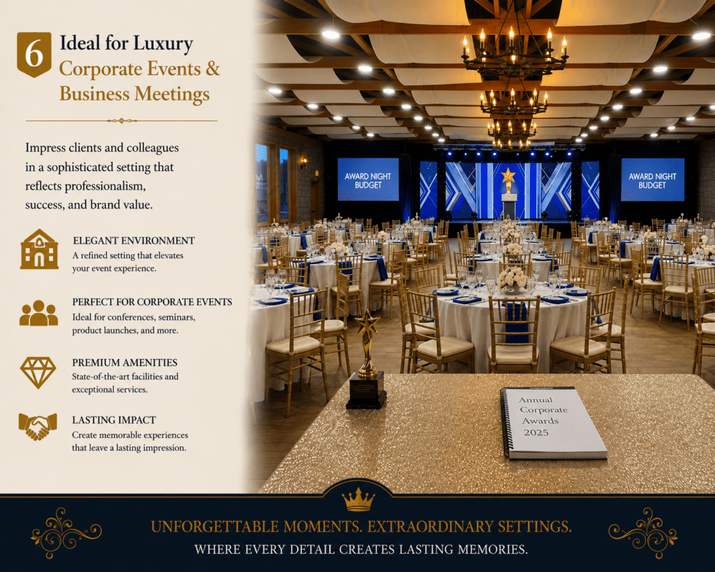 Luxury corporate event venue promotional infographic featuring an elegant banquet hall setup with chandeliers, round dining tables, stage lighting, and professional event décor designed for business meetings, award ceremonies, and corporate gatherings.