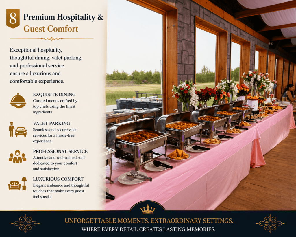 Luxury hospitality and guest comfort infographic featuring an elegant buffet dining setup inside a sophisticated banquet venue. The design showcases premium catering stations, floral table décor, large windows with scenic outdoor views, and informational highlights about fine dining, valet parking, professional service, and luxurious guest experiences.
