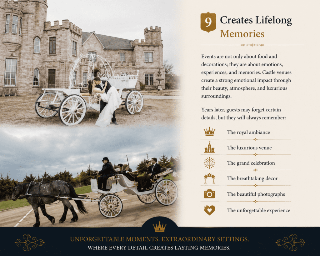 Luxury wedding venue promotional infographic about creating lifelong memories, featuring a bride and groom posing with a white royal carriage in front of a castle-style venue and a horse-drawn carriage scene in a scenic outdoor setting. The design highlights unforgettable wedding experiences through royal ambiance, luxurious décor, grand celebrations, and timeless photography moments.