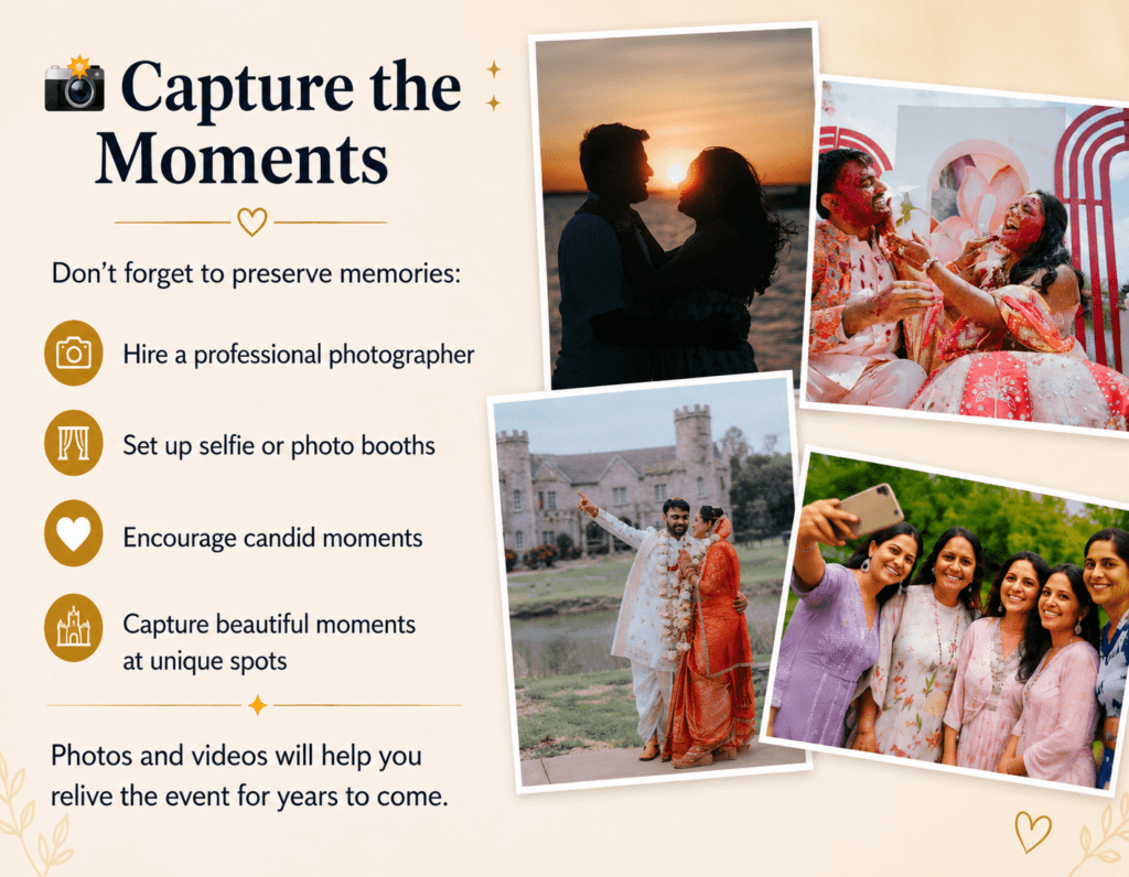 Wedding photography inspiration infographic featuring romantic couple portraits, candid celebration moments, and group selfies. The design encourages capturing memories through professional photography, photo booths, candid moments, and unique wedding photo locations.