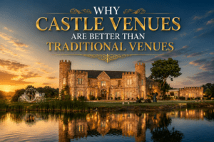 Luxury wedding venue promotional graphic featuring a grand castle-style venue reflected in a lakeside setting during sunset. Elegant gold typography highlights why castle venues offer a more luxurious and memorable experience compared to traditional wedding venues.