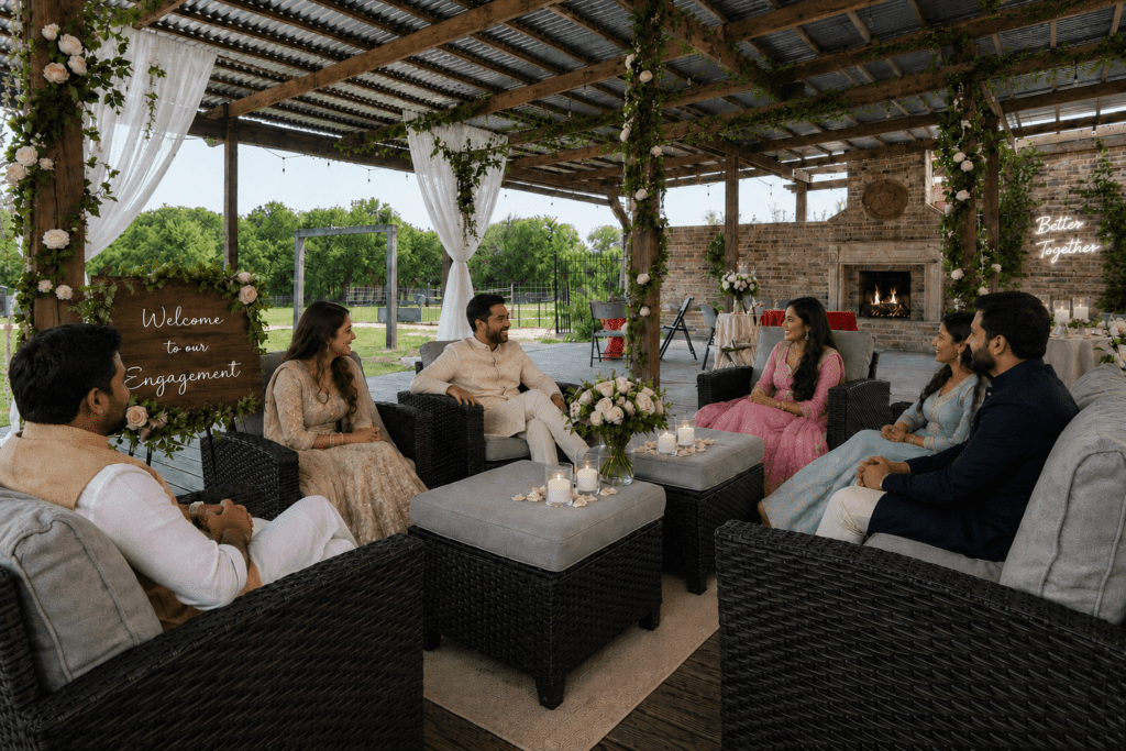 Family and friends relaxing in an outdoor lounge area during a wedding celebration at an elegant venue.