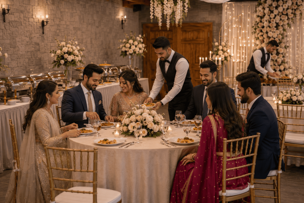 Guests enjoying an elegant wedding reception dinner with floral centerpieces and warm ambient lighting.