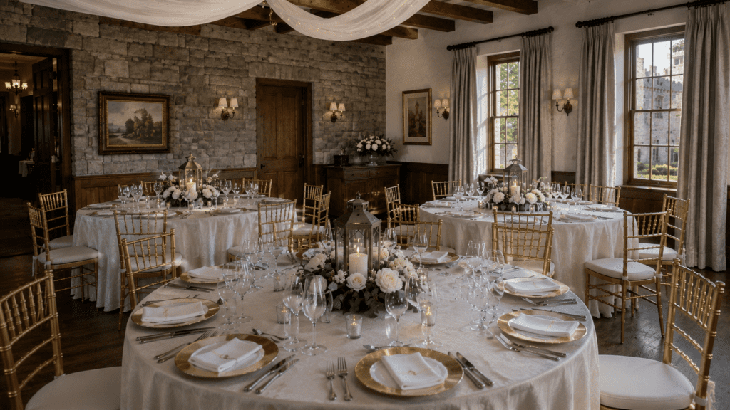 Elegant wedding reception setup with beautifully decorated round tables, floral centerpieces, and refined table settings.