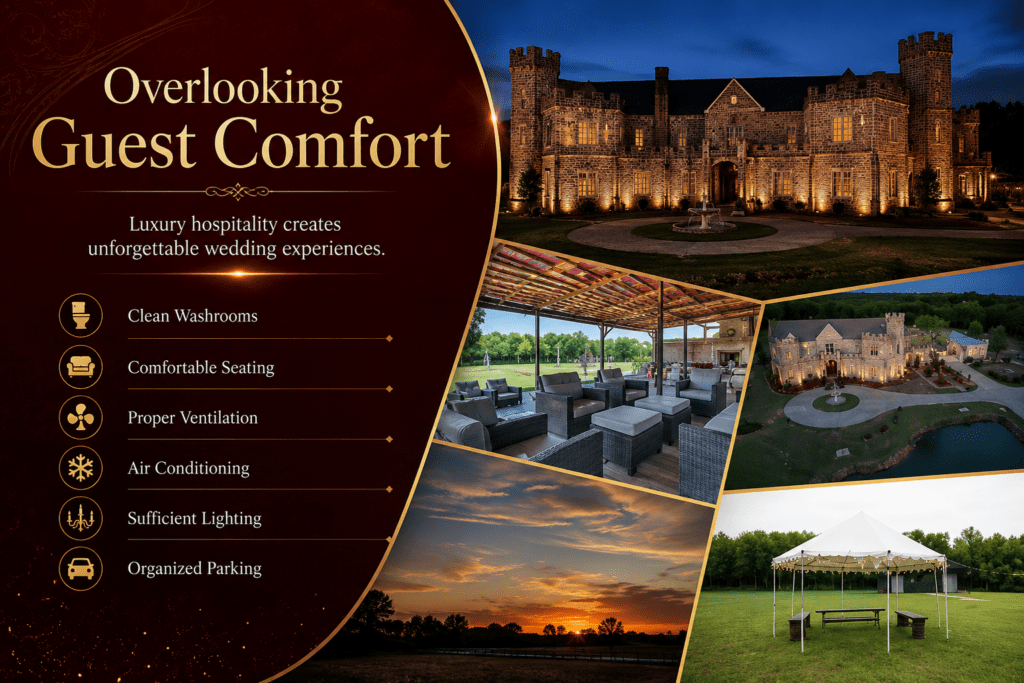Wedding planning infographic about prioritizing guest comfort at wedding venues. The design features a luxurious castle-style venue at night, outdoor lounge seating, open-air event spaces, and tips covering clean washrooms, comfortable seating, ventilation, air conditioning, lighting, and organized parking.