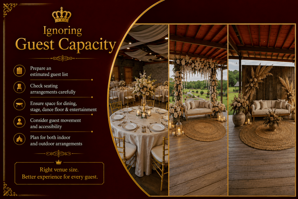 Wedding planning infographic about avoiding guest capacity issues when selecting a venue. The design features elegant banquet seating arrangements, floral lounge décor, and cozy event spaces alongside tips for estimating guest lists, seating layouts, accessibility, and indoor-outdoor planning.