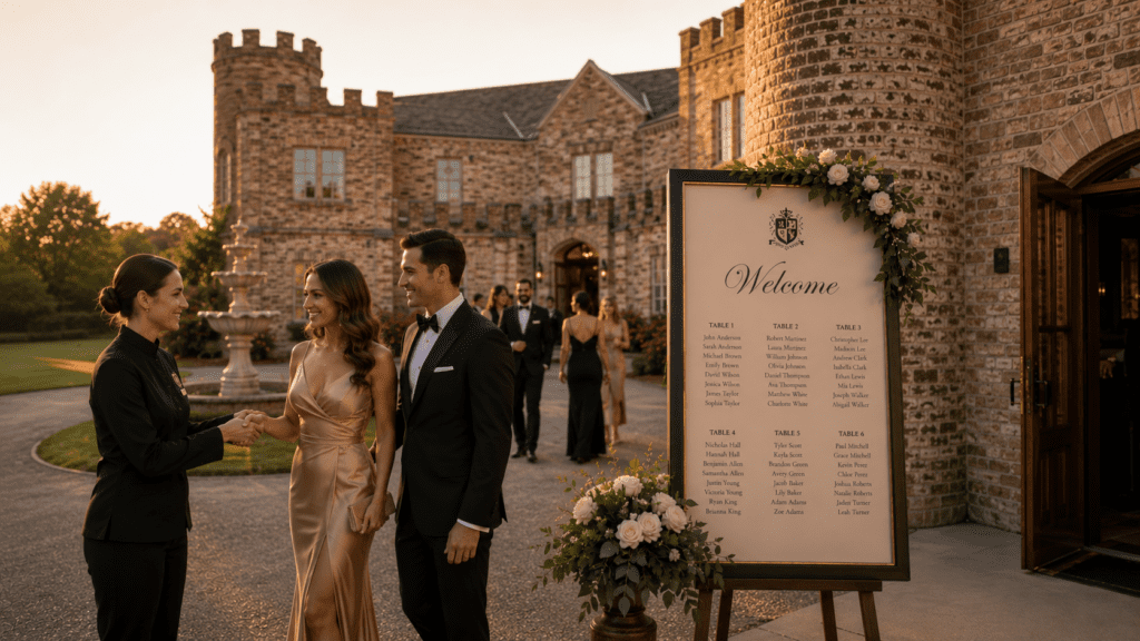 Wedding guests walking through a castle courtyard near a welcome sign during an elegant outdoor wedding celebration.