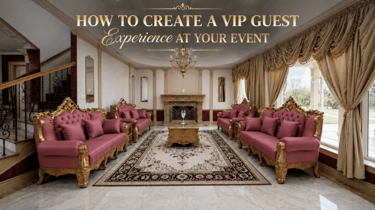 Luxurious castle lounge with elegant seating, ornate décor, and a fireplace promoting a VIP guest experience at an event venue.