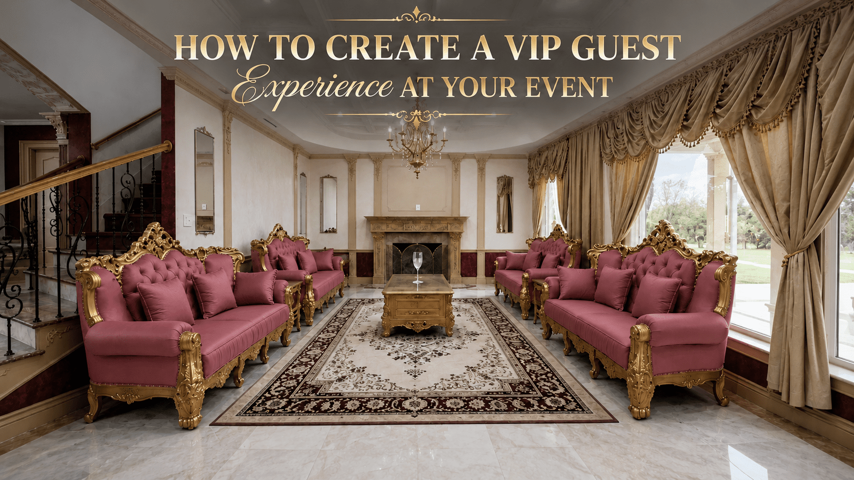 Luxurious castle lounge with elegant seating, ornate décor, and a fireplace promoting a VIP guest experience at an event venue.