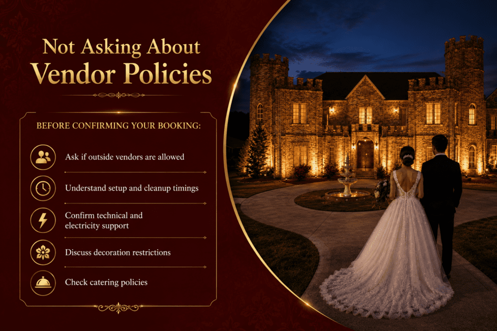 Wedding planning infographic about understanding vendor policies before booking a venue. The design features a bride and groom walking toward an illuminated castle-style wedding venue at night alongside important checklist items covering outside vendors, setup timings, technical support, décor restrictions, and catering policies.