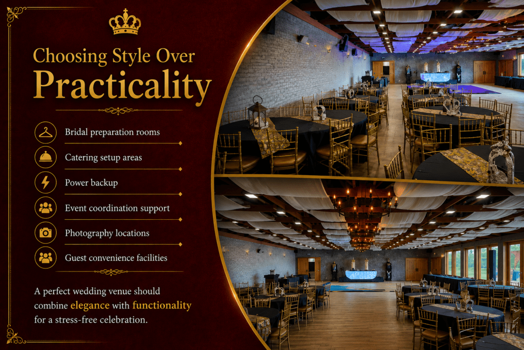 Wedding planning infographic about balancing style and practicality when choosing a venue. The design features elegant banquet hall interiors with reception seating, lighting, dance floor setups, and planning tips covering bridal preparation rooms, catering areas, power backup, event coordination, photography locations, and guest convenience facilities.