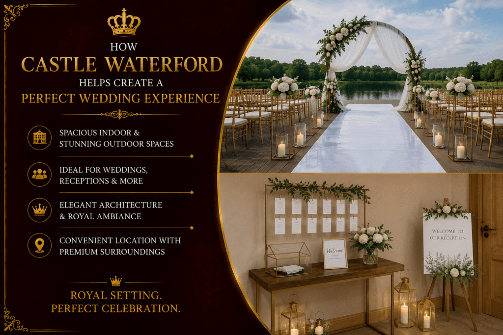 Wedding venue promotional infographic showcasing Castle Waterford with elegant outdoor ceremony seating beside a lakeside aisle, floral wedding arch décor, and stylish indoor welcome table arrangements with candles and floral accents.