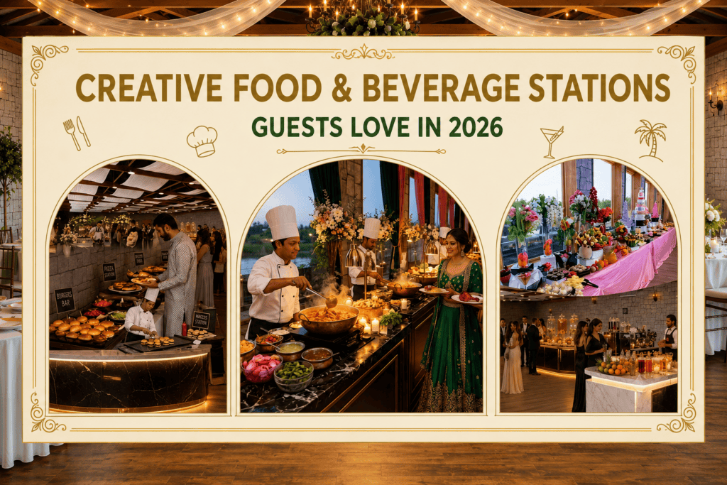 Promotional display showcasing creative food and beverage stations at Castle Waterford, featuring live chef cooking, gourmet buffet stations, dessert displays, and elegant cocktail bars for weddings and private events.