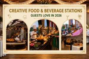 Promotional display showcasing creative food and beverage stations at Castle Waterford, featuring live chef cooking, gourmet buffet stations, dessert displays, and elegant cocktail bars for weddings and private events.