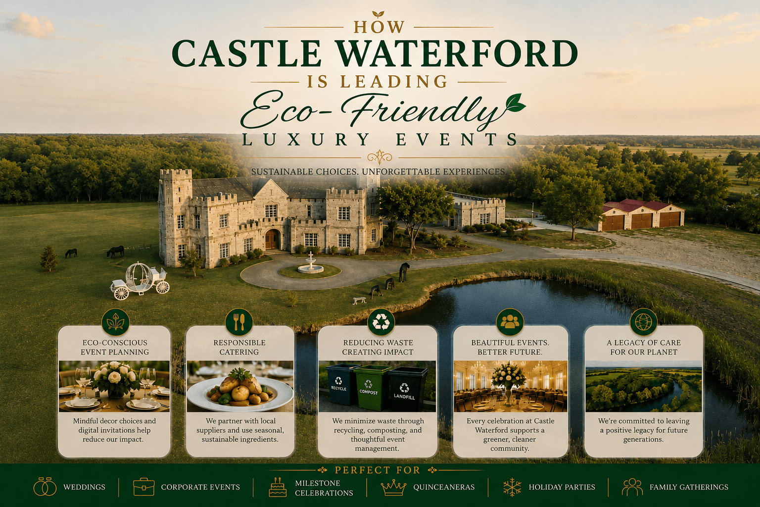 Castle Waterford luxury event venue infographic highlighting eco-friendly practices, elegant event spaces, and sustainable celebration options.